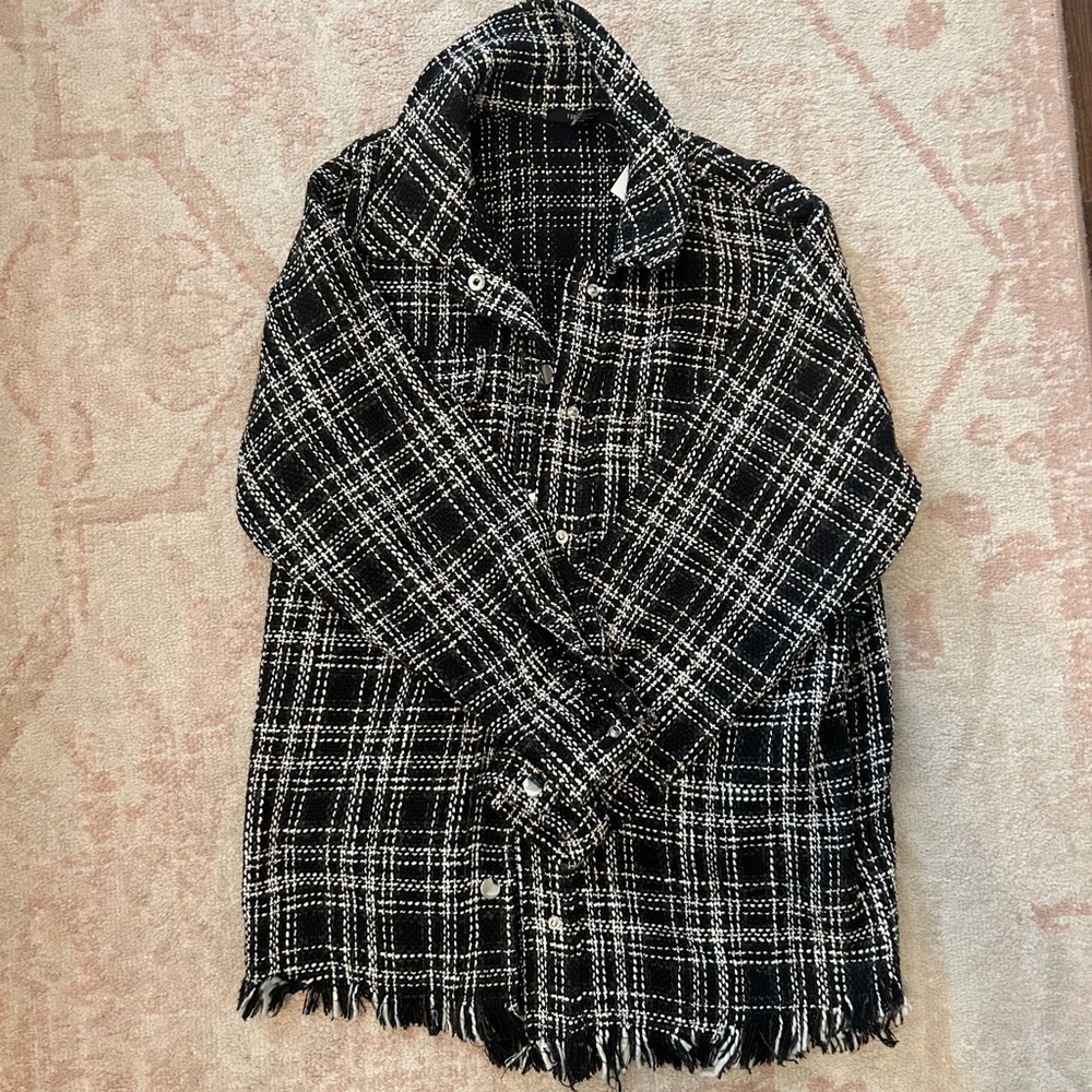 Black and white woven Jacket with fringe